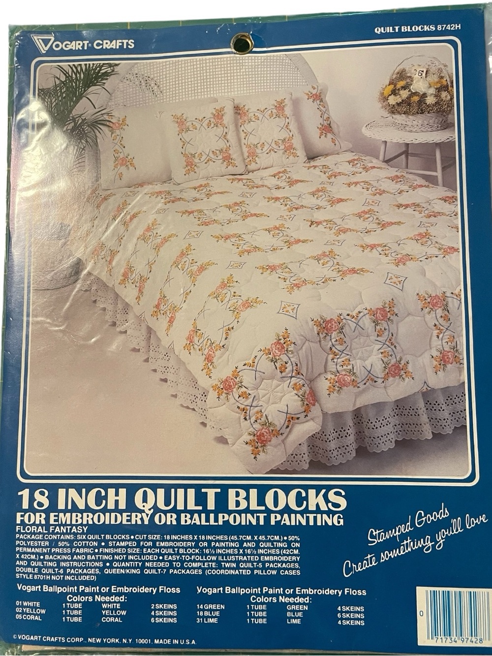 Vintage Floral Embroidered Quilt Kit - White with Pink/Peach Floral